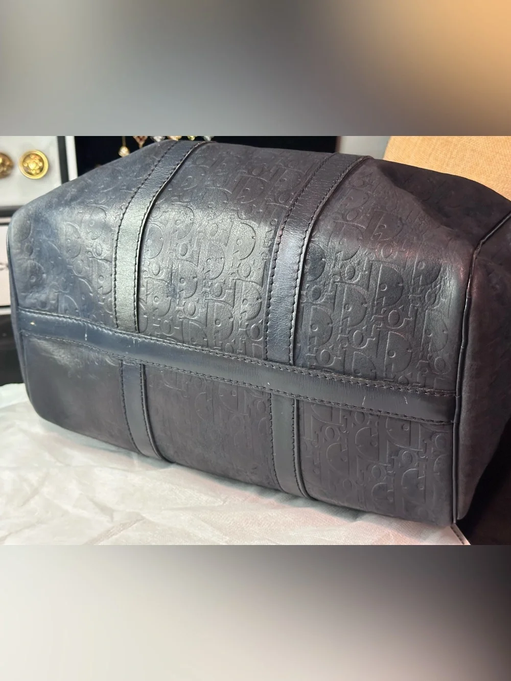 Christian Dior Boston Bag Suede Navy Silver Authentic